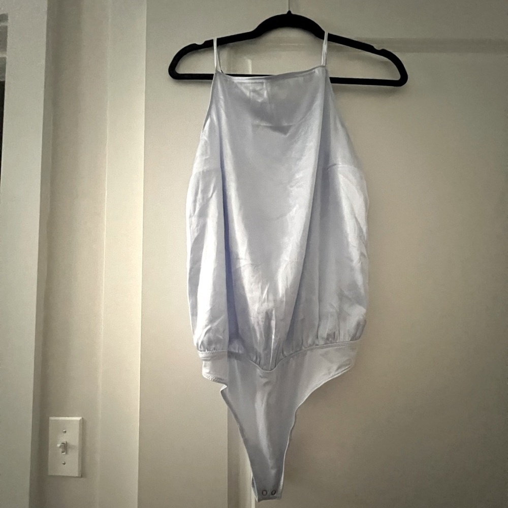Abercrombie blue satin bodysuit with bow on back